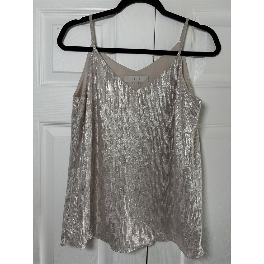 LOFT Metallic Pleated Cami Tank Womens Size XS Silver Shimmer Party V-Neck